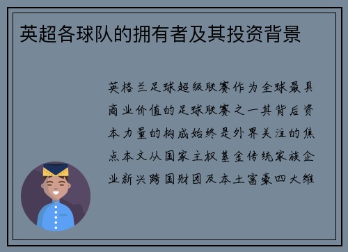 英超各球队的拥有者及其投资背景